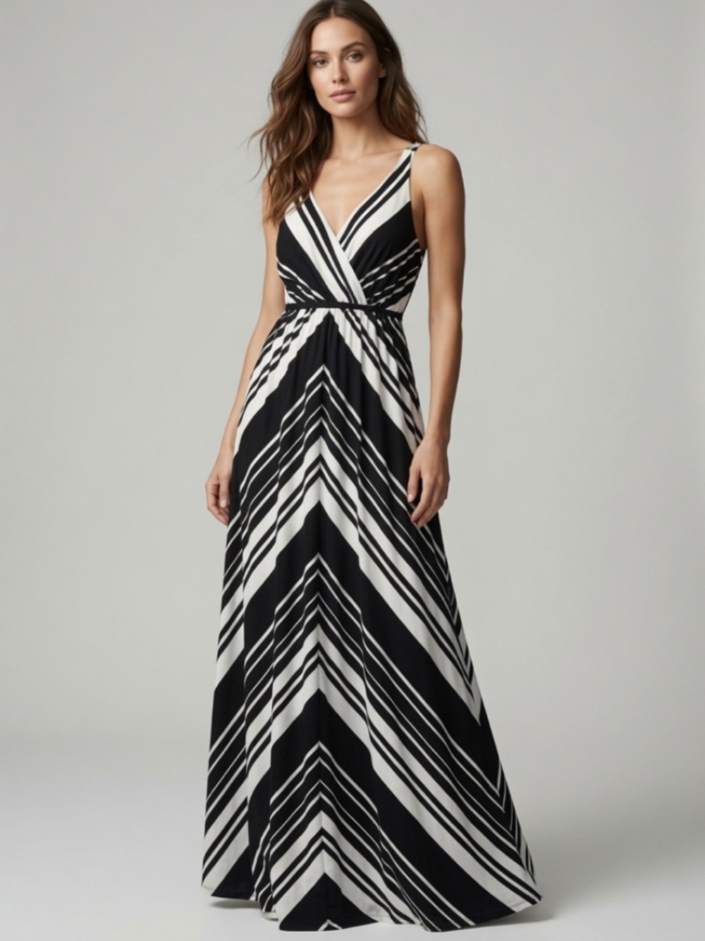 Soma Black Ivory Striped Maxi Dress XS Empire V-Neck